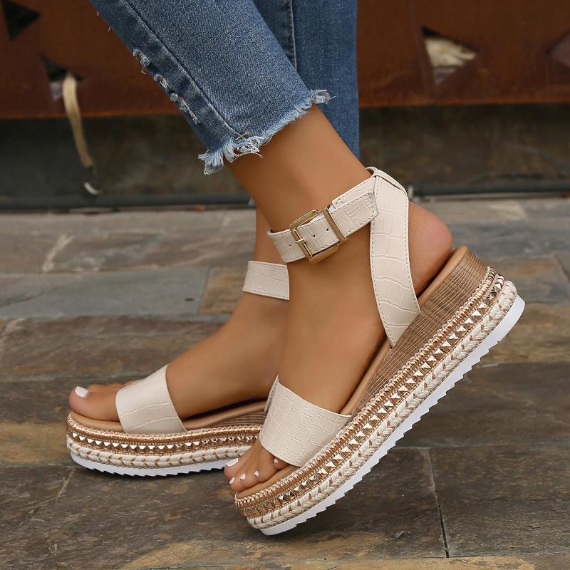 Women's Buckle Strap Hemp Wedge Platform Sandals | Open-Toe Summer Peep-Toe Shoes