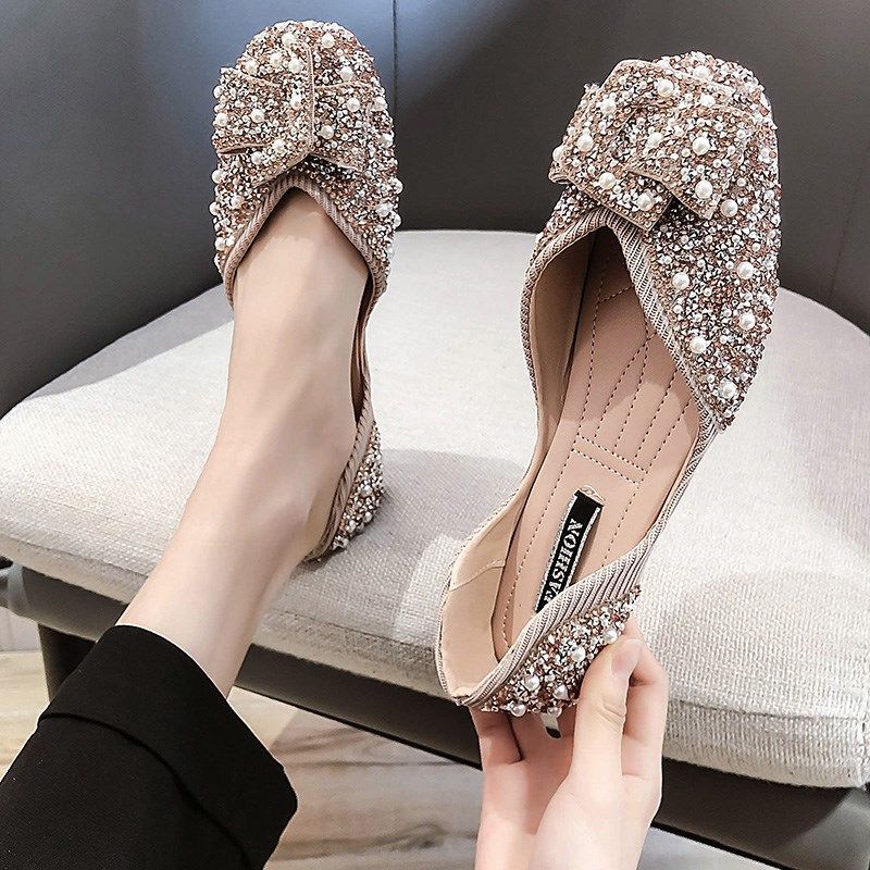 Women's Beaded Square-Toe Flat Shoes | PU Upper Wide-Width Comfort Flats