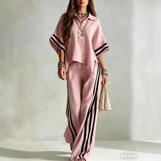 Completo due pezzi da donna: camicia a maniche corte e pantaloni ampi