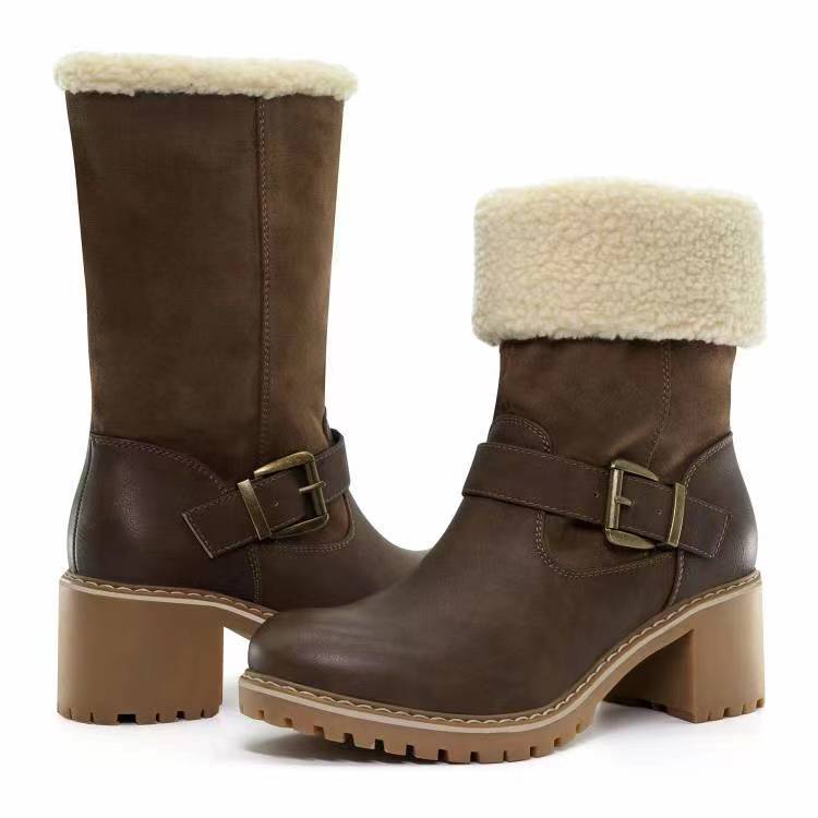 Women's Buckle Chunky Heel Western Boots | Warm Winter Round-Toe Mid Boots