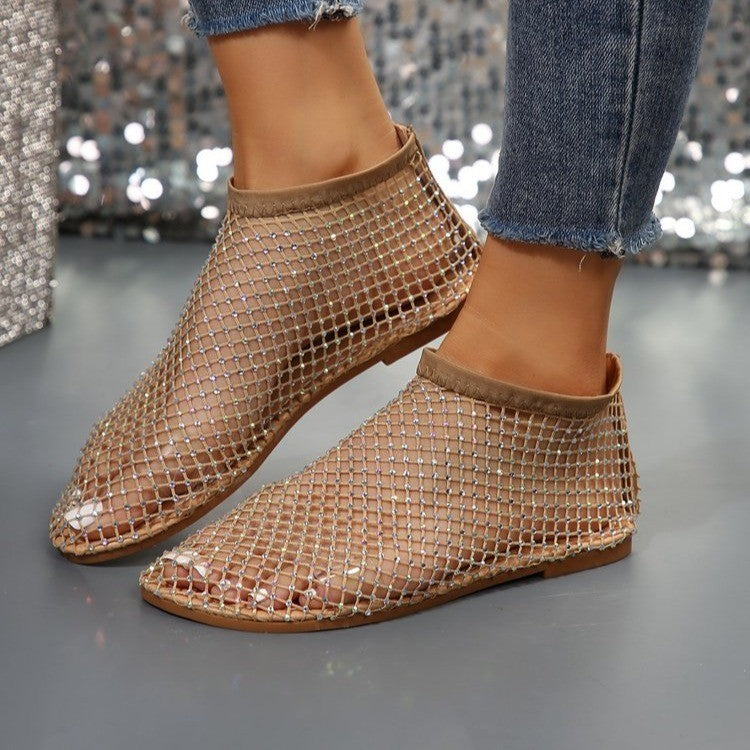 Women's Rhinestone Flat Sandals | Round Toe Mesh Summer Shoes