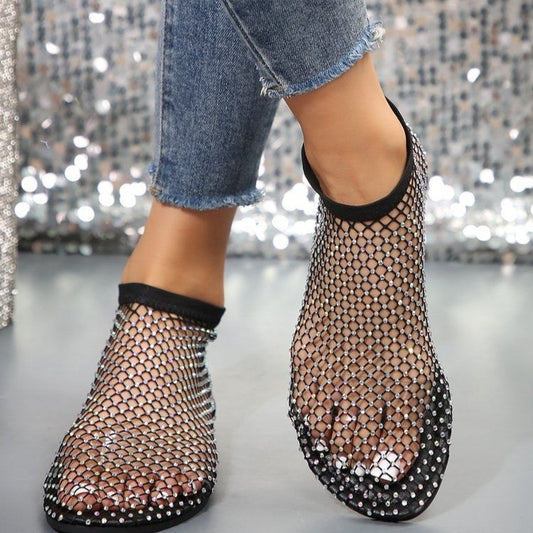 Sandali bassi con strass da donna | Scarpe estive in mesh a punta tonda
