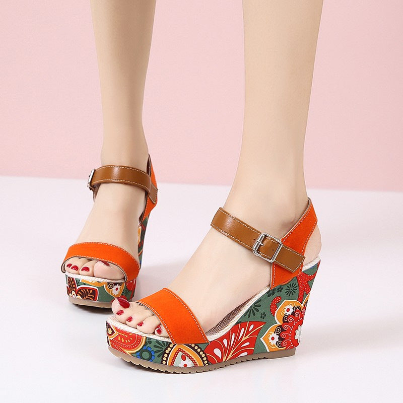 Women's Floral Embroidered Wedge Sandals | Buckle Platform Open-Toe Summer Heels