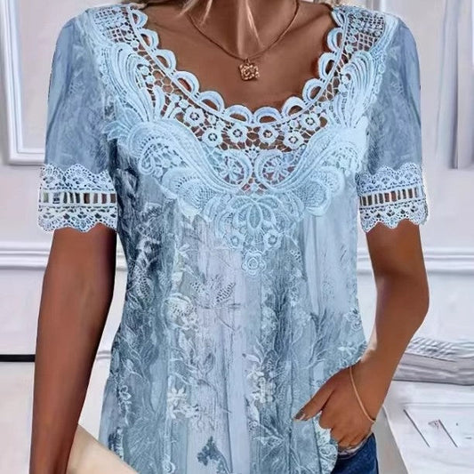 T-shirt a maniche corte girocollo in pizzo patchwork da donna