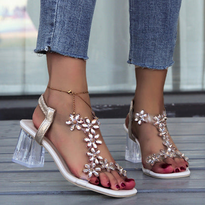 Women's Floral Sandals | Transparent Square Heel Open-Toe Summer Heels