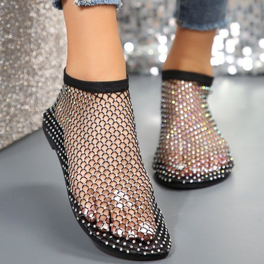 Sandali bassi con strass da donna | Scarpe estive in mesh a punta tonda