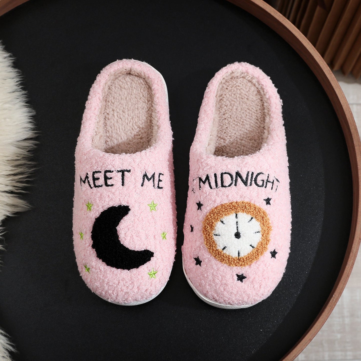 Women's Moon & Clock Print Plush Slippers | Warm Anti-Slip Floor Bedroom House Shoes