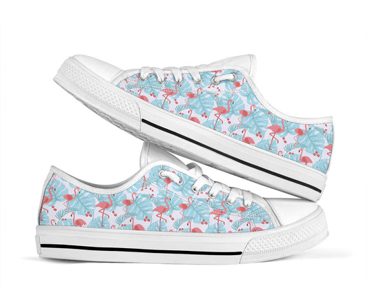 Scarpe basse in tela con fenicotteri blu e fiori