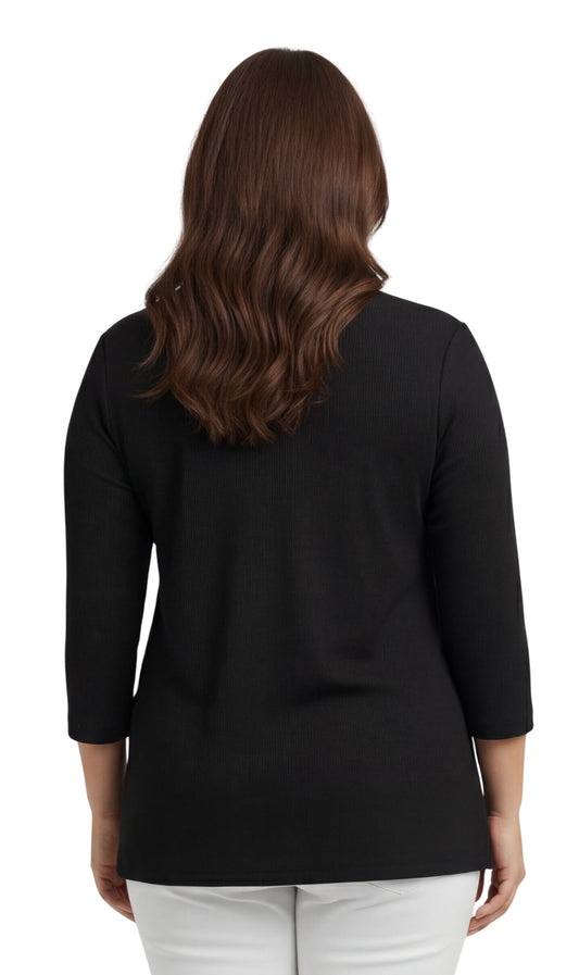 Top da donna in cotone a costine con scollo rotondo e maniche a 3/4