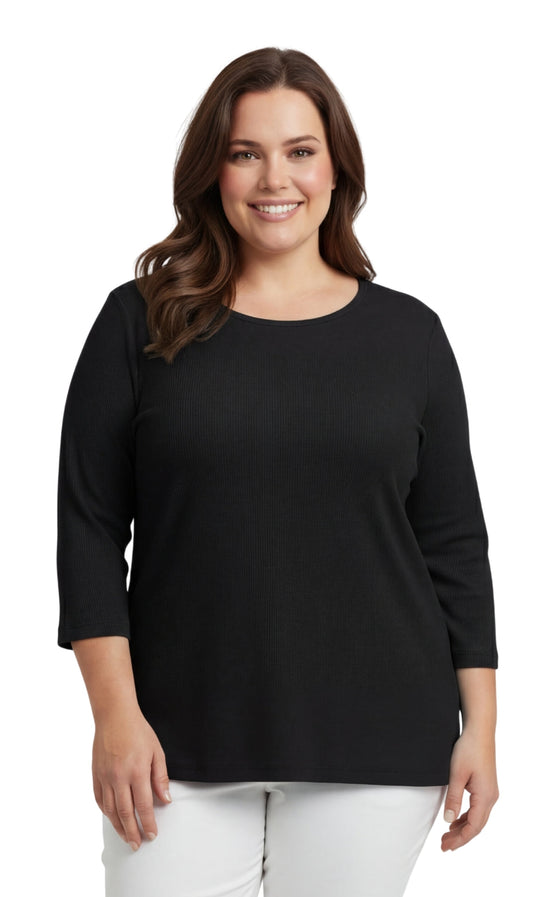 Top da donna in cotone a costine con scollo rotondo e maniche a 3/4