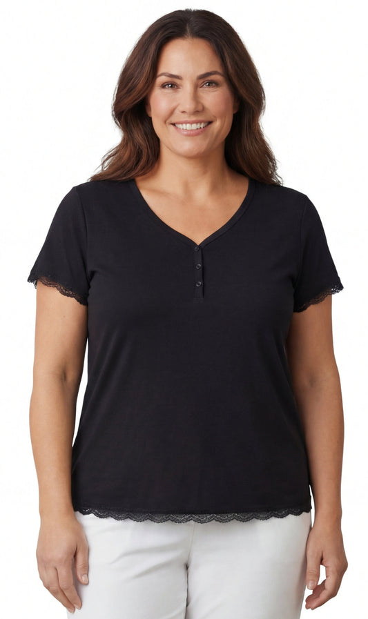 T-shirt da donna scollo a V a maniche corte con abbottonatura a tre bottoni