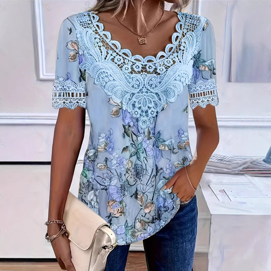 T-shirt a maniche corte girocollo in pizzo patchwork da donna