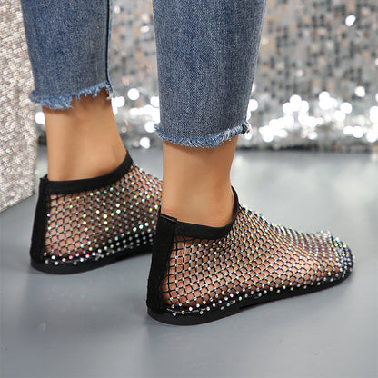 Women's Rhinestone Flat Sandals | Round Toe Mesh Summer Shoes