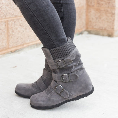 Women's Buckle Strap Winter Boots | Matte Round-Toe Flat Ankle Boots