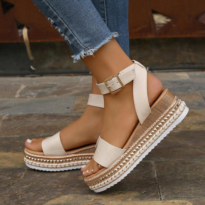 Women's Buckle Strap Hemp Wedge Platform Sandals | Open-Toe Summer Peep-Toe Shoes