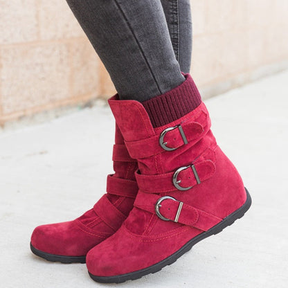 Women's Buckle Strap Winter Boots | Matte Round-Toe Flat Ankle Boots