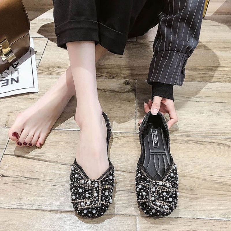 Women's Beaded Square-Toe Flat Shoes | PU Upper Wide-Width Comfort Flats
