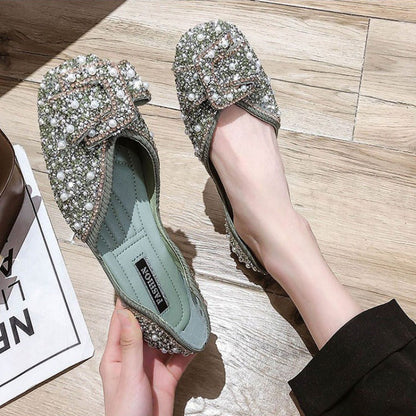 Women's Beaded Square-Toe Flat Shoes | PU Upper Wide-Width Comfort Flats