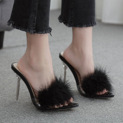 Women's Crystal High Heel Feather Fur Mule Sandals | Open-Toe PU Slip-On Heels
