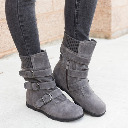 Women's Buckle Strap Winter Boots | Matte Round-Toe Flat Ankle Boots