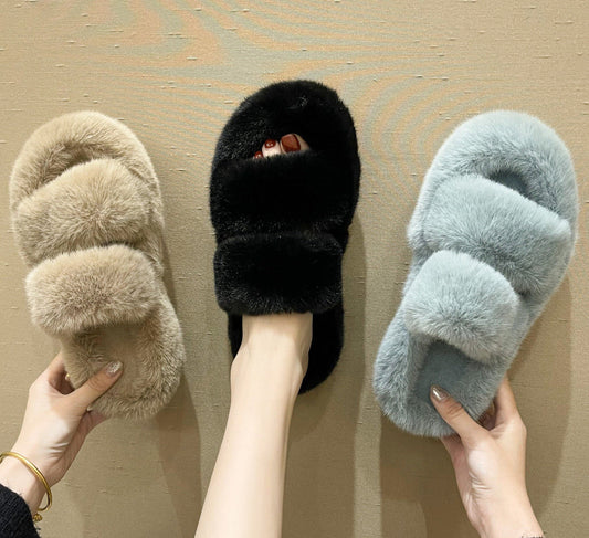 Pantofole da casa sfocate da donna | Ciabatte soffici in pelliccia sintetica per camera da letto