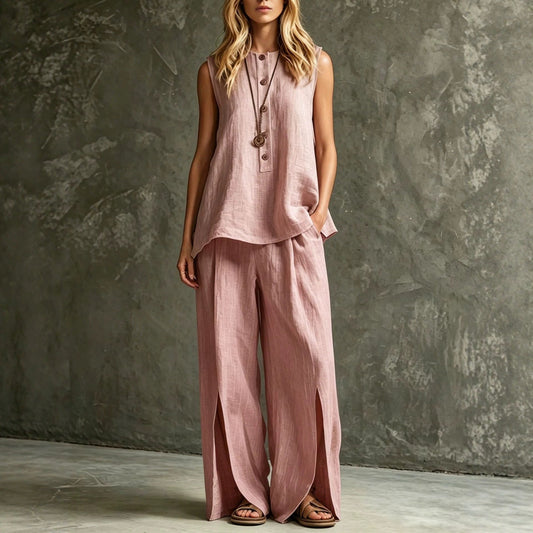 Completo due pezzi da donna canotta smanicata ampia e pantaloni a gamba larga con spacco