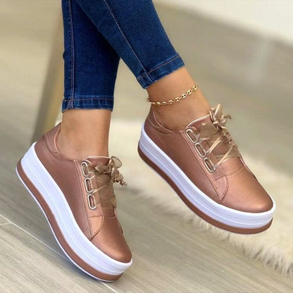 Women's Ribbon Lace-Up Platform Sneakers | PU Leather Round-Toe Flats