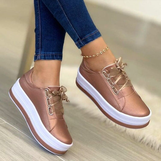 Scarpe da ginnastica platform stringate con nastri da donna | Ballerine in pelle PU a punta tonda