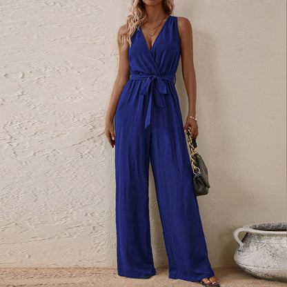 Women's Strap High-Waist Sleeveless Jumpsuit – Ice Silk Casual Wide-Leg
