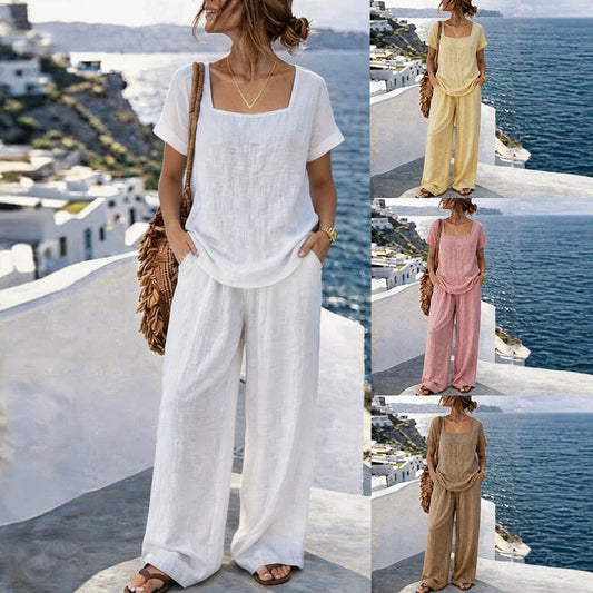 Pantaloni a Maniche Corte con Scollo Quadrato da Donna – Completo Due Pezzi in Misto Cotone