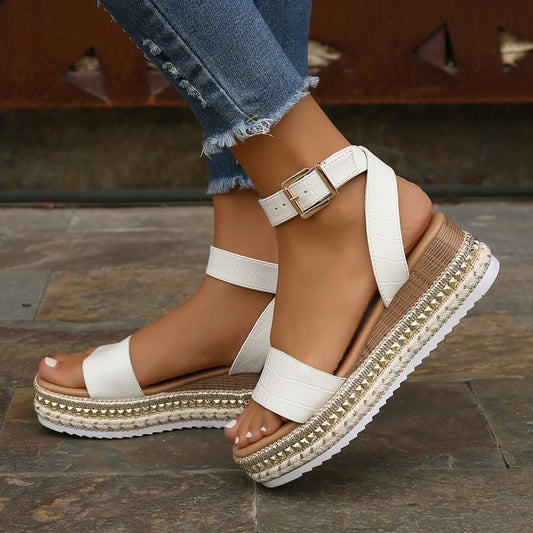 Sandali con zeppa in canapa e fibbia da donna | Scarpe estive open-toe peep-toe