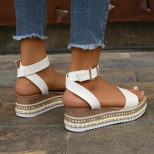 Sandali con zeppa in canapa e fibbia da donna | Scarpe estive open-toe peep-toe