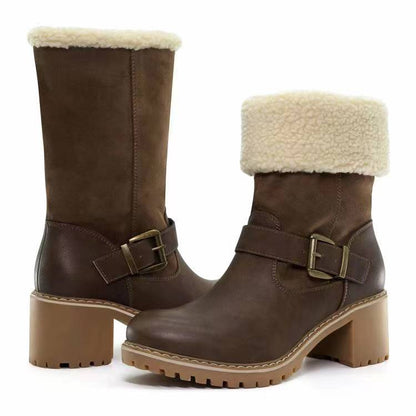 Women's Buckle Chunky Heel Western Boots | Warm Winter Round-Toe Mid Boots
