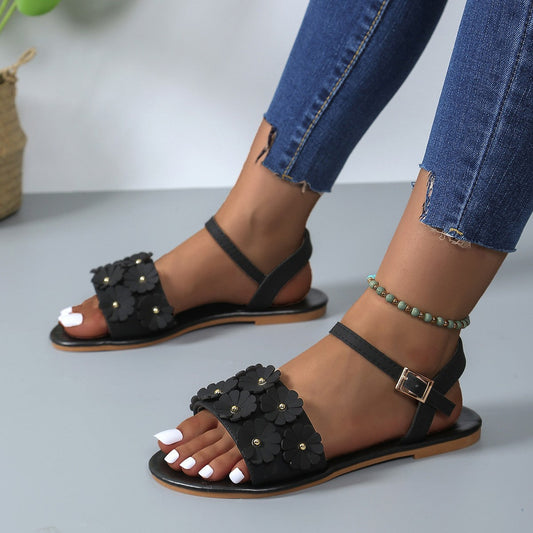 Sandali piatti floreali retrò da donna | Scarpe da spiaggia con fibbia e punta tonda