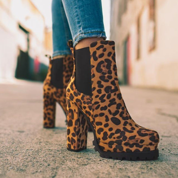 Women's Round-Toe Ankle Boots | Suede Leopard Print Square Thick High Heel