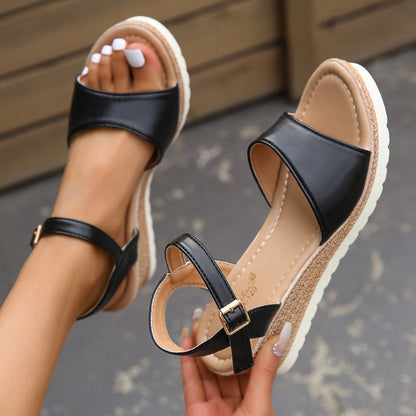 Women's Ankle Buckle Wedge Sandals | PU Fish-Mouth Platform Shoes