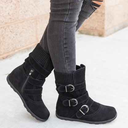 Women's Buckle Strap Winter Boots | Matte Round-Toe Flat Ankle Boots