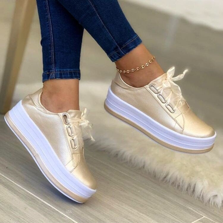 Women's Ribbon Lace-Up Platform Sneakers | PU Leather Round-Toe Flats