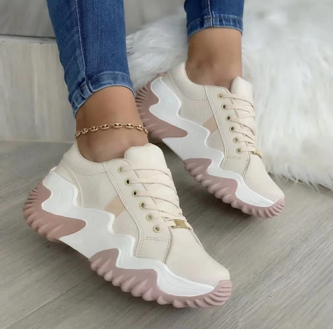Women's Lace-Up Platform Sneakers | Patent Leather Round-Toe Chunky Heels