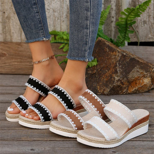 Sandali da donna con zeppa in corda di canapa | Ciabatte con plateau intrecciate in pelle scamosciata etnica