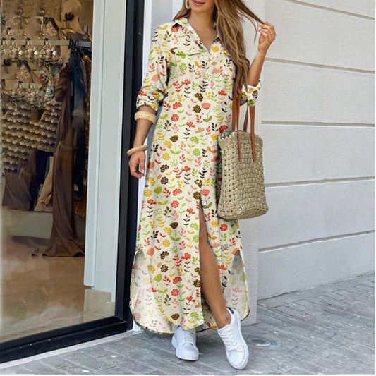 Abito Chemisier Lungo da Donna con Collo a Revers – Stampa Floreale Midi Vestibilità Comoda