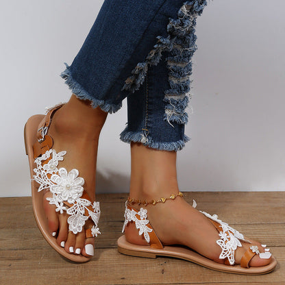 Women's Bohemian Lace Flat Sandals | Ankle Strap Flower Beach Shoes