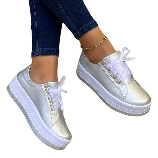 Scarpe da ginnastica platform stringate con nastri da donna | Ballerine in pelle PU a punta tonda