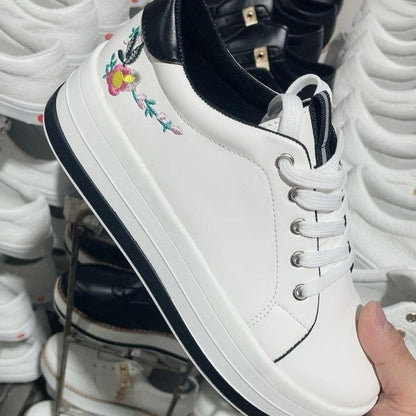Women's Embroidery Platform Sneakers | Floral PU Lace-Up Chunky Sole Shoes