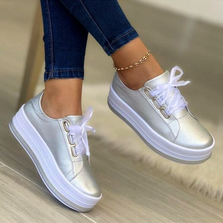 Women's Ribbon Lace-Up Platform Sneakers | PU Leather Round-Toe Flats