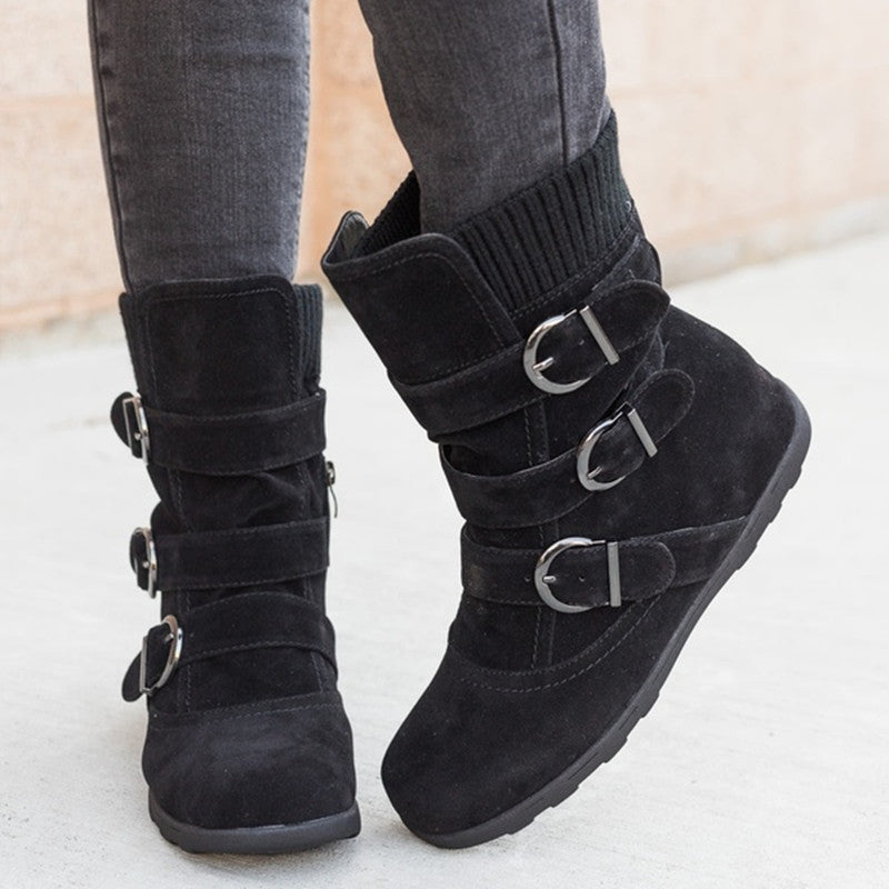 Women's Buckle Strap Winter Boots | Matte Round-Toe Flat Ankle Boots
