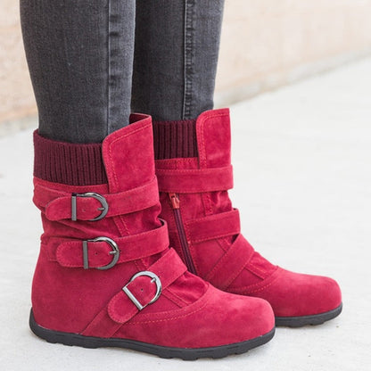 Women's Buckle Strap Winter Boots | Matte Round-Toe Flat Ankle Boots