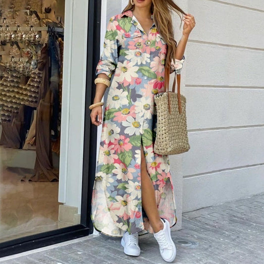 Abito Chemisier Lungo da Donna con Collo a Revers – Stampa Floreale Midi Vestibilità Comoda