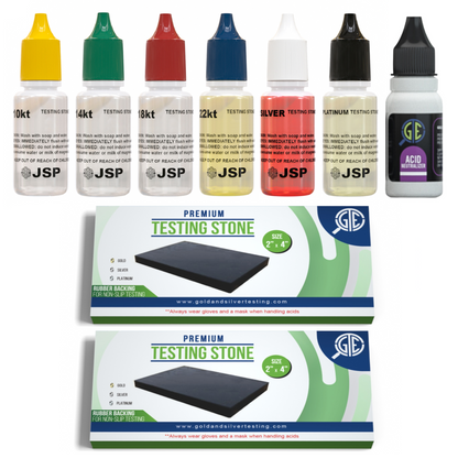 Kit di prova per oro, argento e platino, acidi JSP 10K-24K, neutralizzatore e 2 pietre di prova grandi GTE