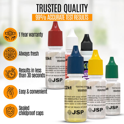 36 flaconi di acido per test metalli d'oro JSP 14K e 36 flaconi di acido per test metalli d'oro JSP 18K Soluzione di prova carati Kit tester gioielli per metalli